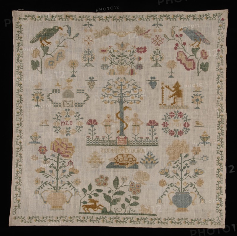 Brand patch worked in cross stitch in colored silk on cream cotton with linen effect, marked MLB 1781, sampler embroidery