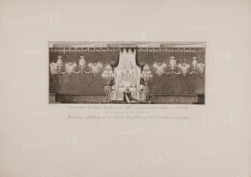 S. Fokke (engraver), Measuring image of the room and the bed-top on which the corpse of H.K.H. Anna, seen from the front, print