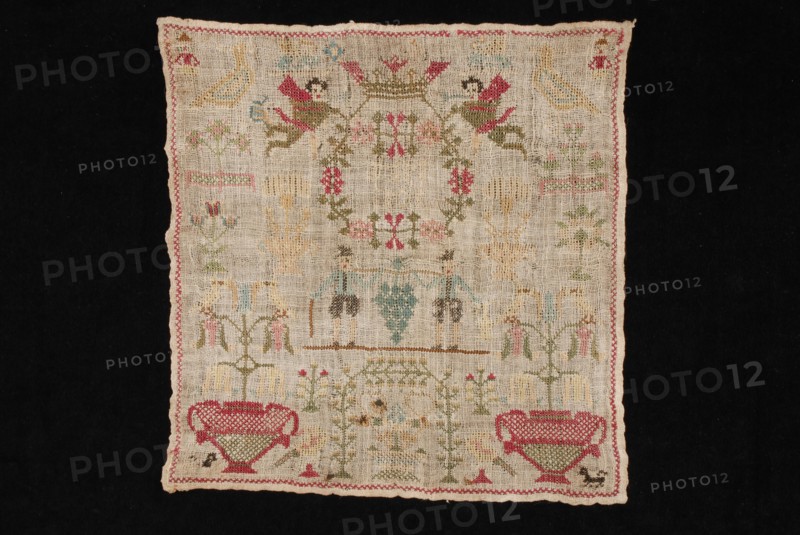Sampler worked in cross stitch in colored silk on unbleached loosely woven linen, marked FSM 1805, sampler embroidery needlework