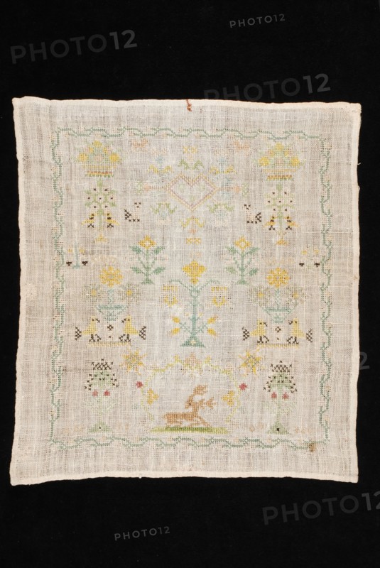 CDV, Sampler, worked in colored silk in cross stitch and star stitch on cream colored linen, marked CDV 1807, sampler embroidery