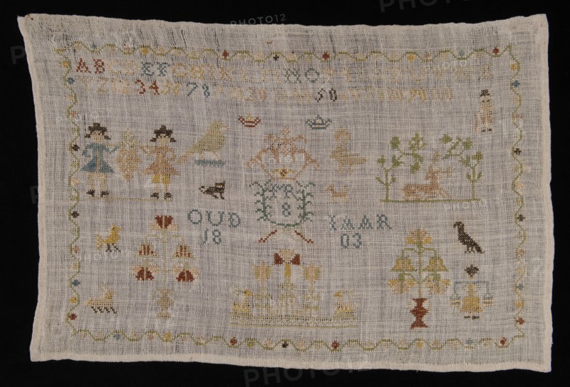 Marie Rodenburg, Sampler or lettercloth worked in cross stitch in colored silk on bleached loosely woven linen, marked MR 1803