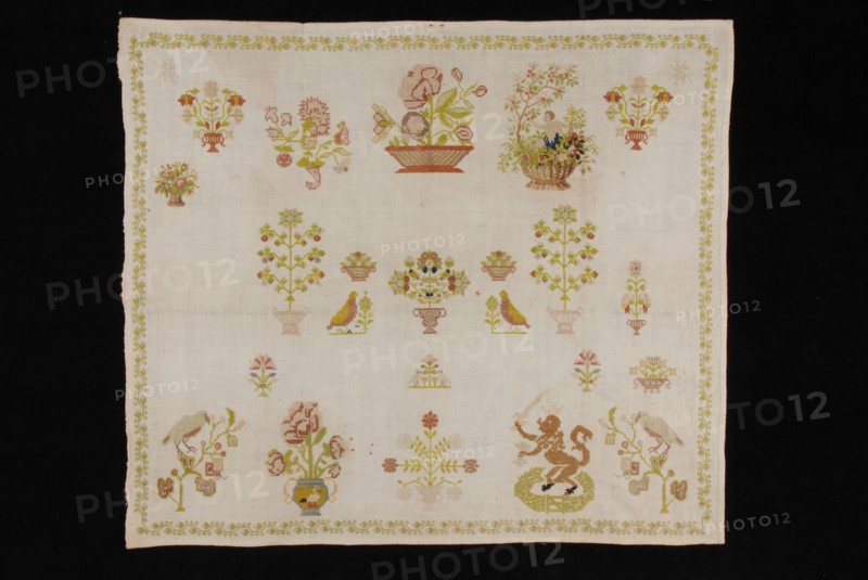 Unfinished sampler worked in fine cross stitch in colored silk on finely woven unbleached cotton, sampler embroidery needlework
