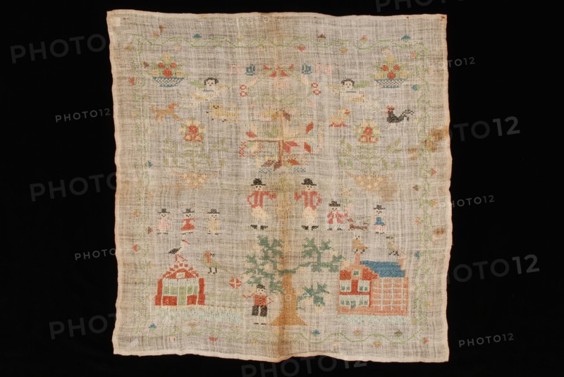 Sampler worked in cross stitch in colored silk on loosely woven unbleached linen, marked IK 1804, sampler embroidery needlework