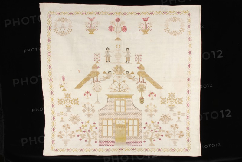 Unfinished sampler worked in cross stitch in colored silk on white cotton with matting binding, marked AVV, sampler embroidery
