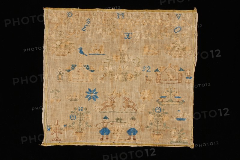 Aaltje Kemp, Sampler or letterlap worked in cross stitch in colored silk on fine linen, marked AK 1852, lettercloth sampler