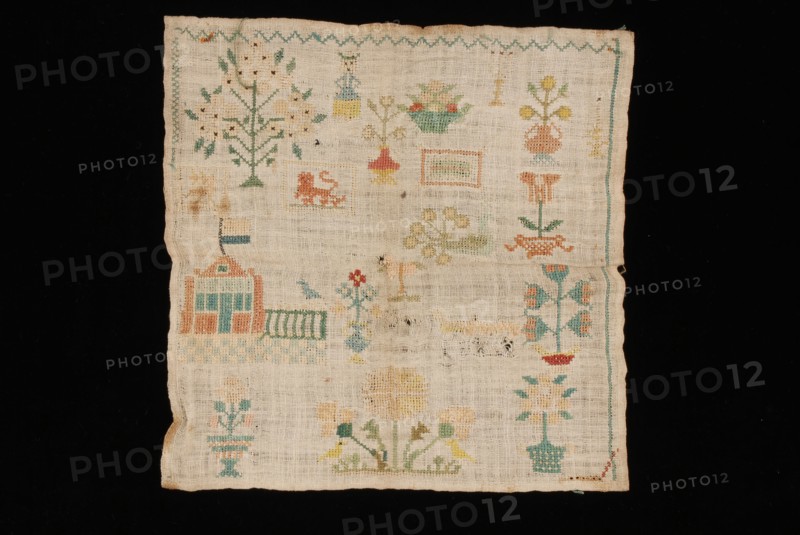 Small square sampler worked in cross stitch in colored silk on coarsely bleached linen, sampler embroidery needlework images