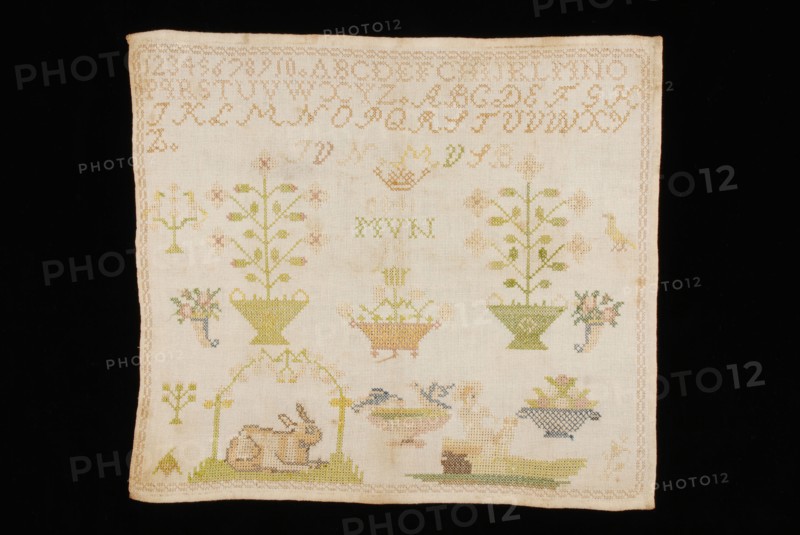 Sampler worked in cross stitch in colored silk on unbleached cotton, marked MVN 1841, lettercloth sampler embroidery needlework