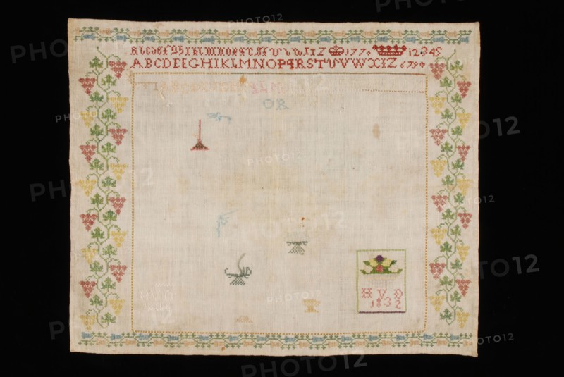 Unfinished sampler or lettercloth worked in colored silk on finely woven linen, marked 1770 HVDP 1832, lettercloth sampler