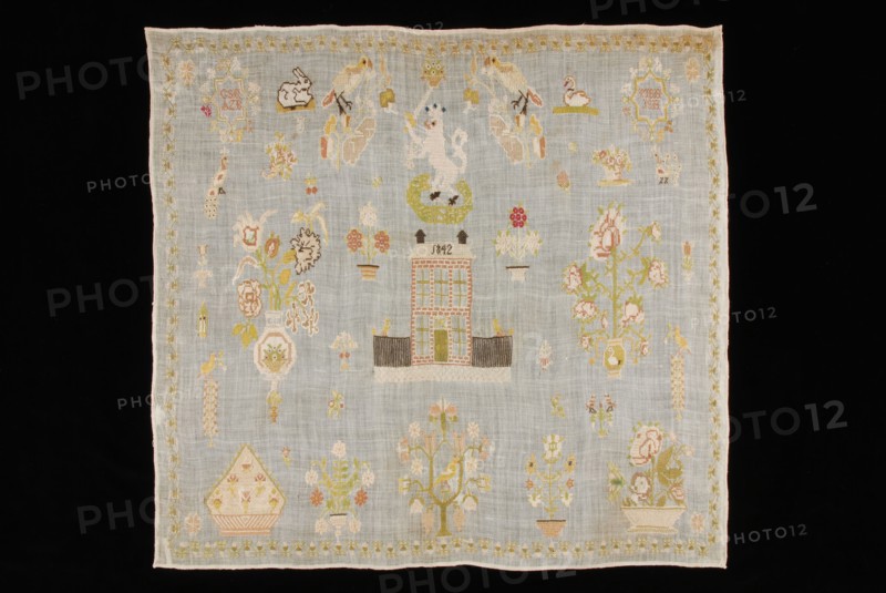 Sampler worked in cross stitch in colored silk on finely woven white linen gauze, marked 1842, sampler embroidery needlework