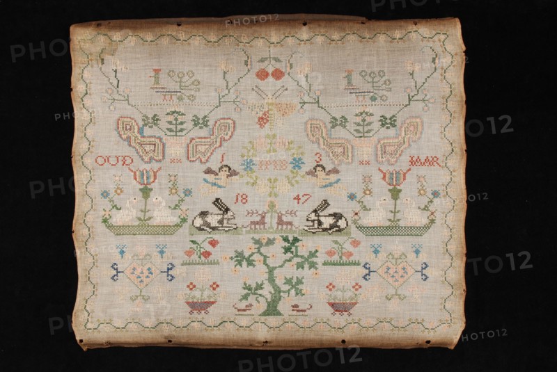 Sampler worked in cross stitch in colored silk on fine white cotton pattern, marked IMB 1847, sampler embroidery needlework