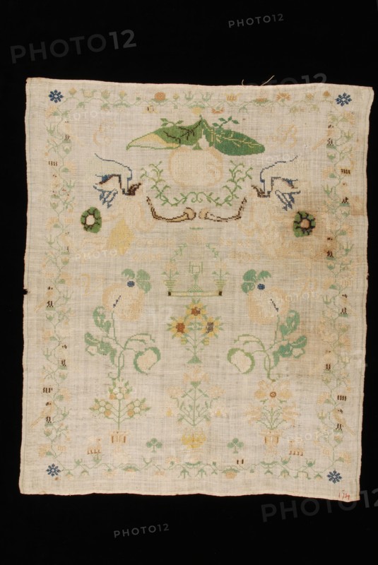 Sampler worked in cross stitch in colored silk on loosely woven bleached linen, marked EB VR 1836, sampler embroidery needlework