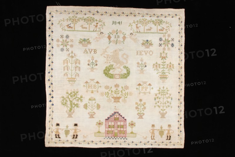 Sampler worked in cross stitch in colored silk on white cotton with linen effect, marked 1841 IB, sampler embroidery needlework
