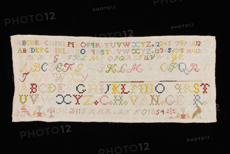 C.H. van Geer, Narrow lettercloth or sampler worked in cross stitch and star stitch in colored silk on bleached linen, marked C.