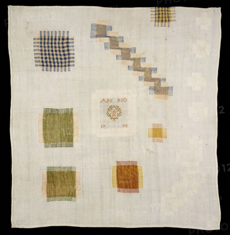 Darning sampler worked in colored silk and white linen on fine white linen, marked IB ANNO 1702, exercise, stoppage needlework