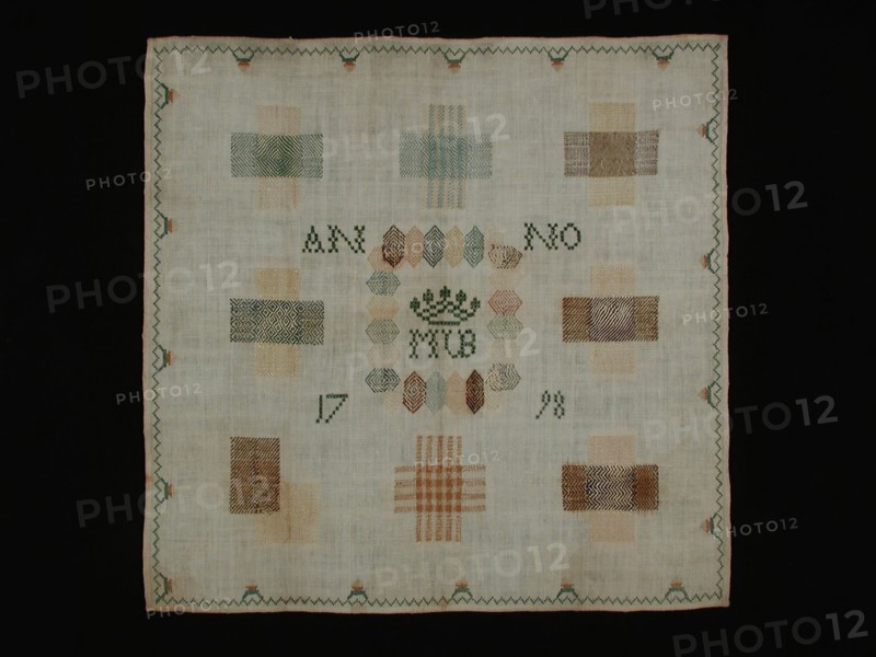 Darning sampler worked in colored silk on unbleached cotton with linen effect, marked Anno 1798 MVB, stoplap needlework footage