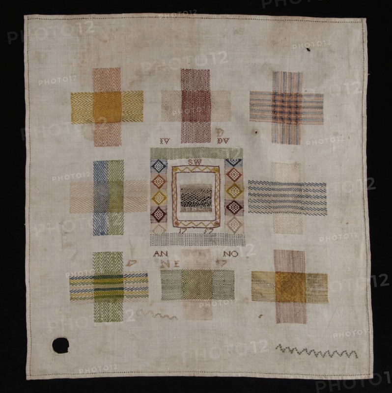 Stopper with nine stoppers worked in colored silk and white linen on finely woven linen, marked IV DV SW 1757, stoppage