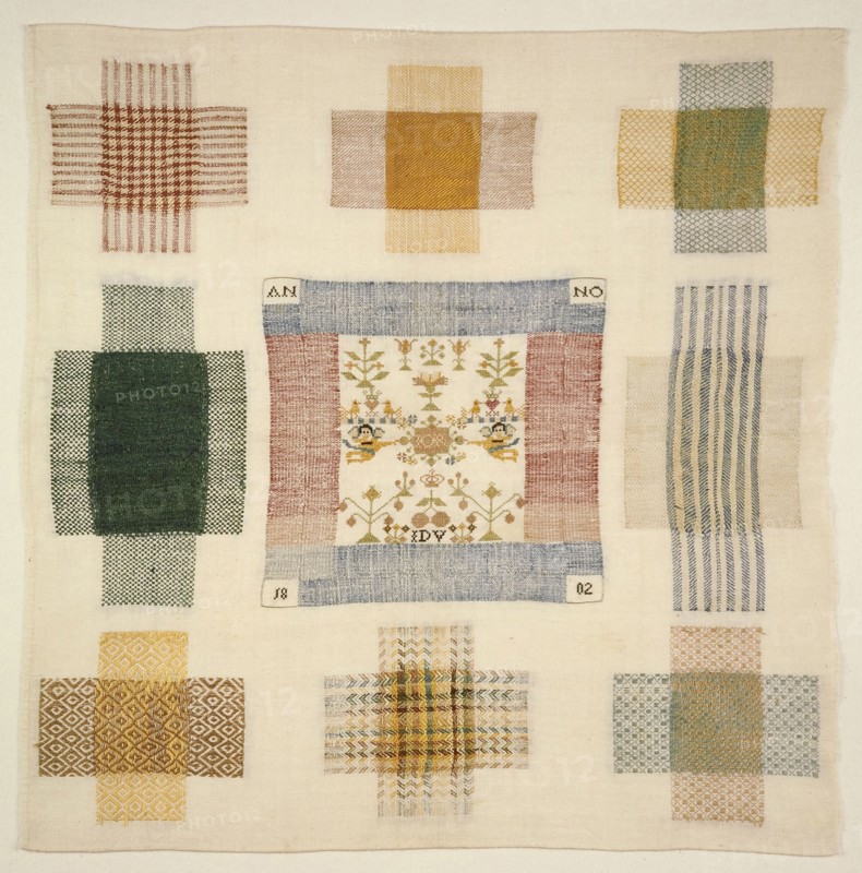Darning sampler and sampler worked in colored silk yarn on cotton with linen effect, marked J.D.V. ANNO 1802, sampler embroidery