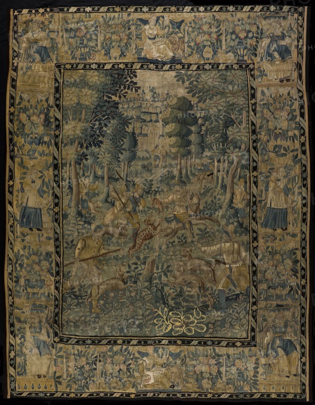 Tapestry with show panther hunting, tapestry wall coverings wool silk, textile weaving tapestry Tapestry with show panther hunt