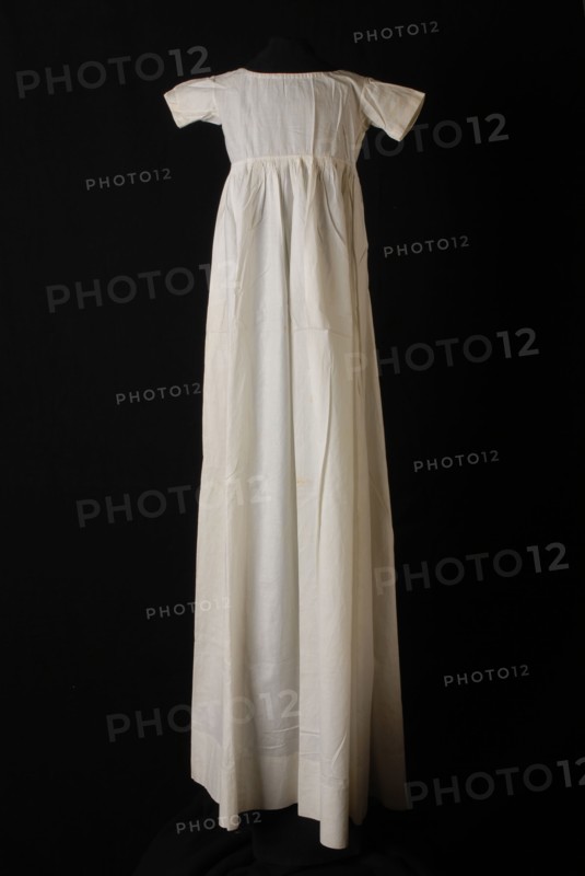 Long flared christening dress in white cotton, slip dress or carrier dress, white embroidery on the hem edge, christening