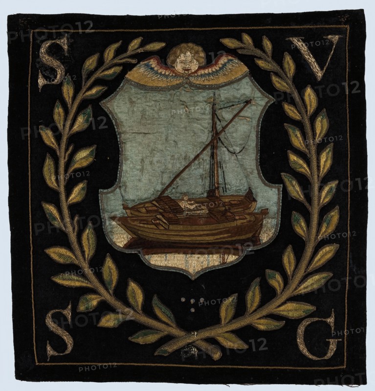 Blazon of black cloth with application depicting two boats, blazon coat of arms information form wool cotton linen jute? silk