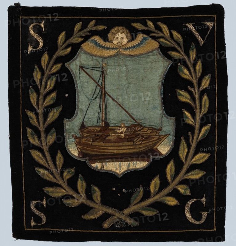 Blazon of black cloth with application depicting two boats, blazon coat of arms information form wool cotton linen burlap? silk