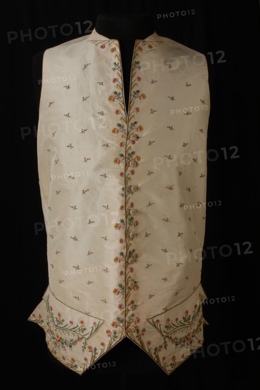 Men's vest, of cream colored silk with colored embroidery in tambouring stitch of silk, vest outerwear men's clothing silk