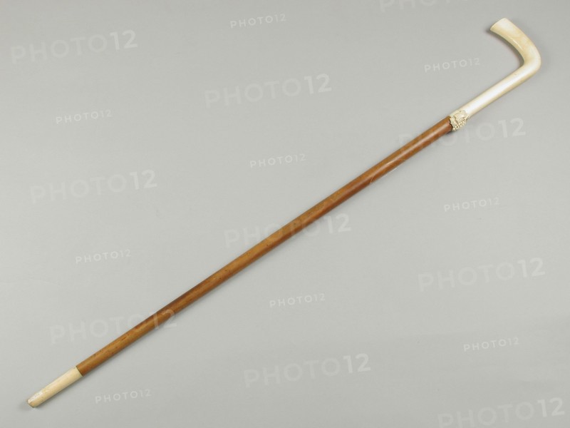Wooden walking stick with an ivory handle, walking stick wood ivory, textile image cutting Cylindrical wooden walking stick that