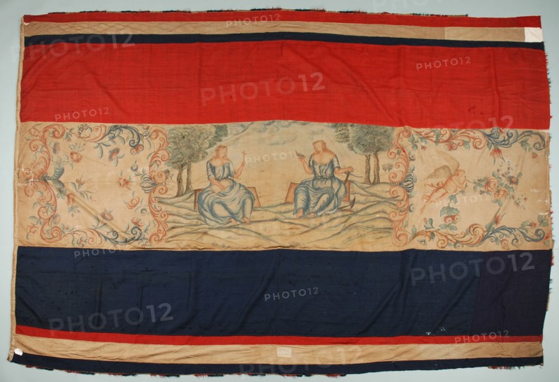 Red-white-blue flag, painted white center with personifications of Faith and Hope, flag information sheet sheep wool wool cotton