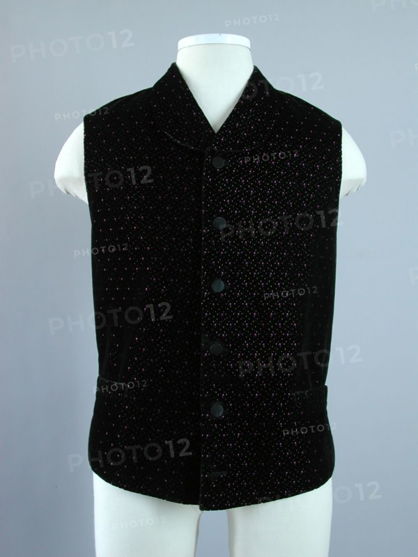 Mens jacket in black velvet with pink mules and yellow dots, high closed scarf collar, back of gray-brown cotton with buckle