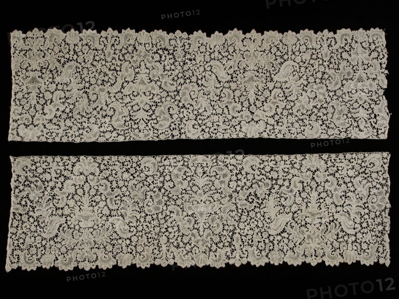 Two strips of bobbin lace, lace needlework linen, textile, Two strips of bobbin lace with serrated leaf motifs
