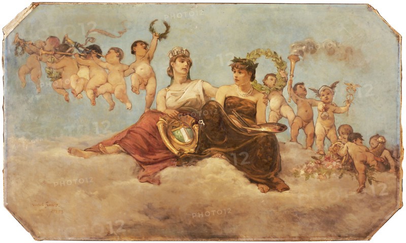 Jakob Smits (Rotterdam 1855 - Mol 1928), Ceiling piece with allegorical depiction of Rotterdam as city of art and trade: cloudy
