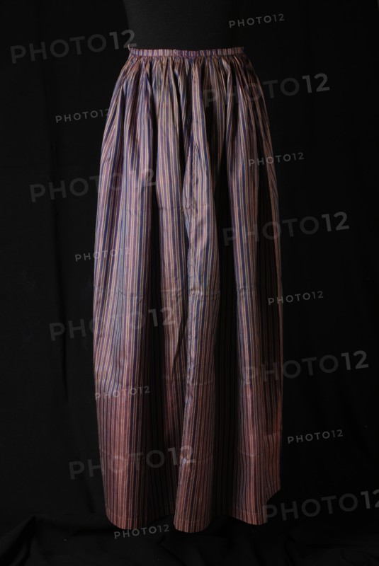 Silk tablier, purple and white striped with pink changeant effect, apron outerwear work wear women's clothing silk mid front