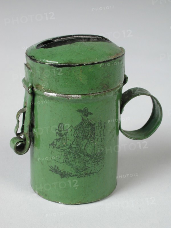 metal worker: Gresnich, Green painted cylindrical miniature tip jar, pot holder miniature toy relaxant model metal paint leather