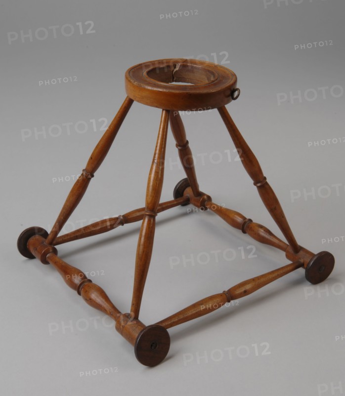 Miniature wooden walking frame with square base, pyramid shaped ascending, round wooden waistband with removable piece