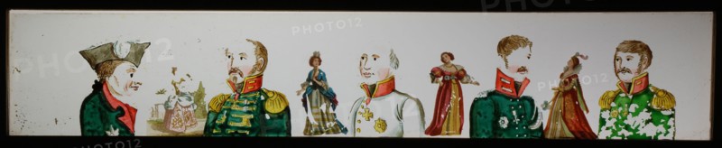 Hand-painted glass lantern plate in wooden frame, with five portraits of men in uniform, slide slide diapositive footage glass