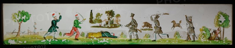 Hand-painted glass lantern plate in wooden frame, with combat Western and Oriental soldiers, slide plate slideshoot images glass