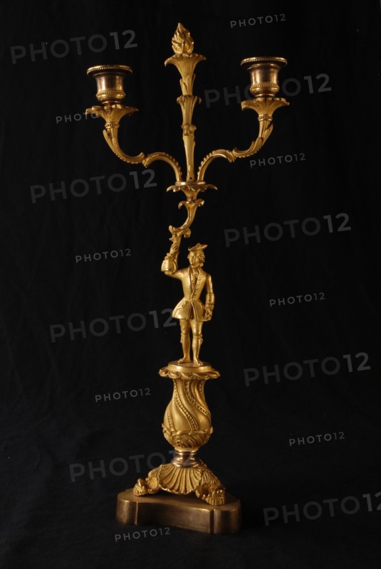 Gilded double Biedermeier candlestick from pendant, male in 18th century clothing, candelabrum candleholder lamp lighting tool