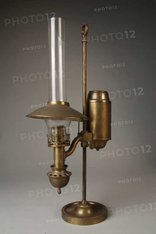 Table lamp, study lamp on high column with supporting eye, desk lamp lamp illuminant brass glass iron metal, Table lamp or desk