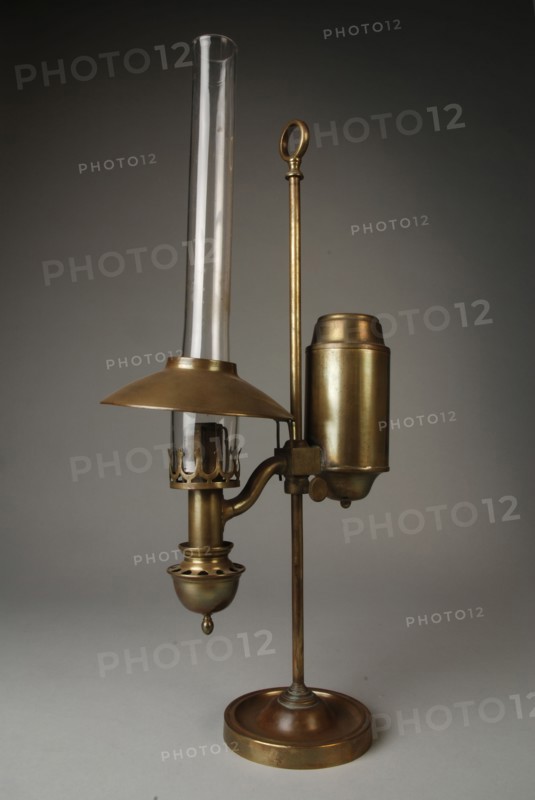 Table lamp, study lamp on high column with supporting eye, desk lamp lamp illuminant brass glass iron metal, Table lamp or desk