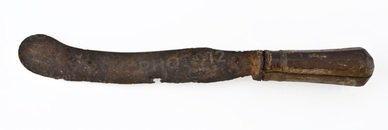 Knife with curved blade and rounded end, with versatile wooden handle, knife cutlery soil find iron wood metal, archeology
