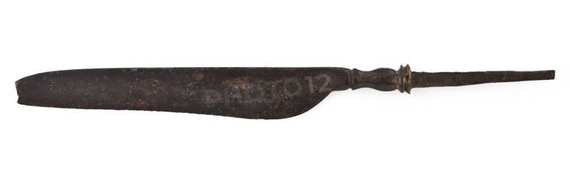 Blade, via profiled section becoming narrowed sting, blade knife cutlery soil find iron metal, archeology food
