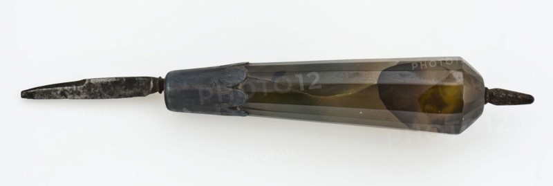 Pencil knife with glass multi-faceted glass handle and short narrow blade, penknife knife cutting tool glass silver tin metal w