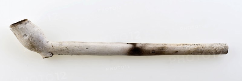 Clay pipe, marked, stem decorated with fleur de lis stamps, clay pipe smoking equipment smoking floor found ceramic earthenware
