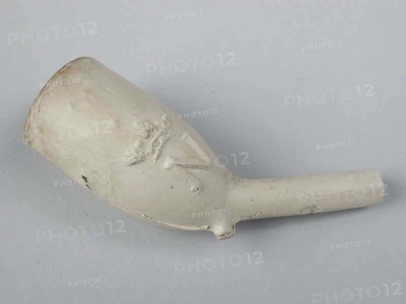 Clay pipe with mark, crowned N, clay pipe smoking equipment smoke floor pottery ceramics pottery, pressed finished baked Clay