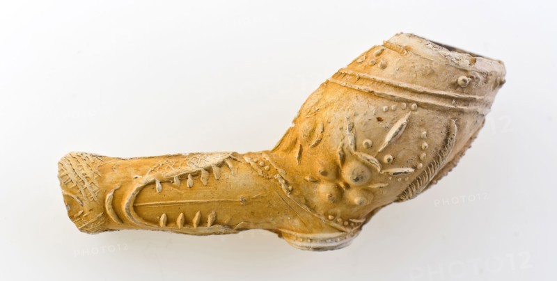 Clay pipe, unnoticed, with floral decoration embossed on cauldron and beak of animal on stem, clay pipe smoking equipment smoke