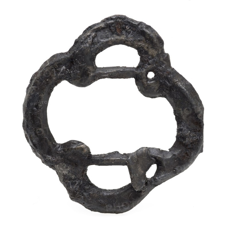 Four-sided buckle with two posts, ornamental buckle or batter, buckle fastener component soil find tin metal, cast archeology