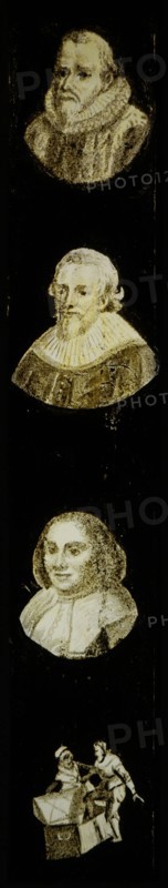 Hand-painted lamppost with four portraits of celebrities and or noble persons, slide plate slideshope images glass paper