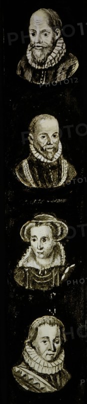 Hand-painted slide with four portraits of celebrities and or noble persons, slide plate slideshope images glass paper textiles