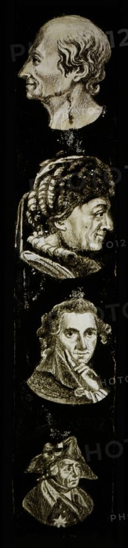 Hand-painted lamppost with four portraits of celebrities and or noble persons, slideshelf slideshare images glass paper textiles