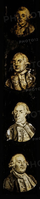 Hand-painted slide with four portraits of celebrities and or noble persons, slideshelf slideshare images glass paper textiles